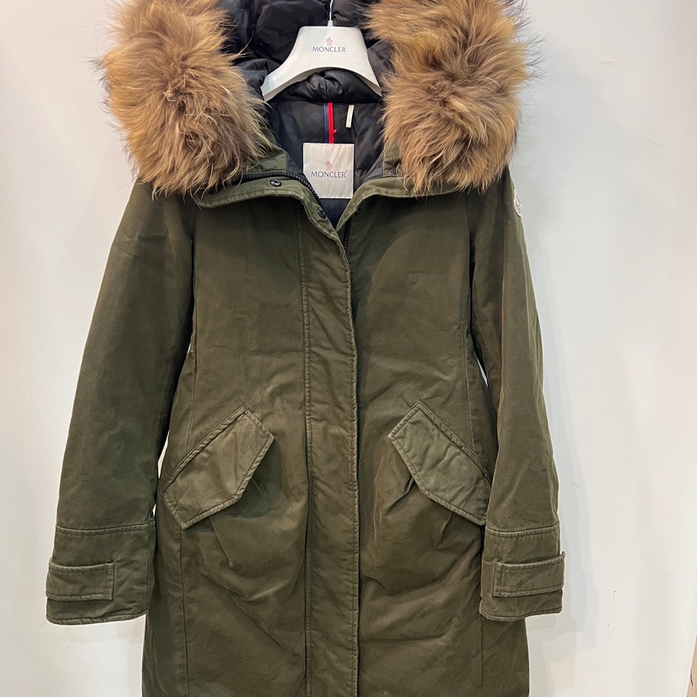 MONCLER KHAKI GREEN CAMELINE GIUBOTTO PARKA WITH FOX FUR HOOD SIZE00